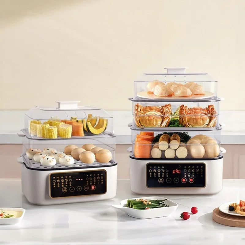 Household electric food steamer with stainless steel rack and compact design