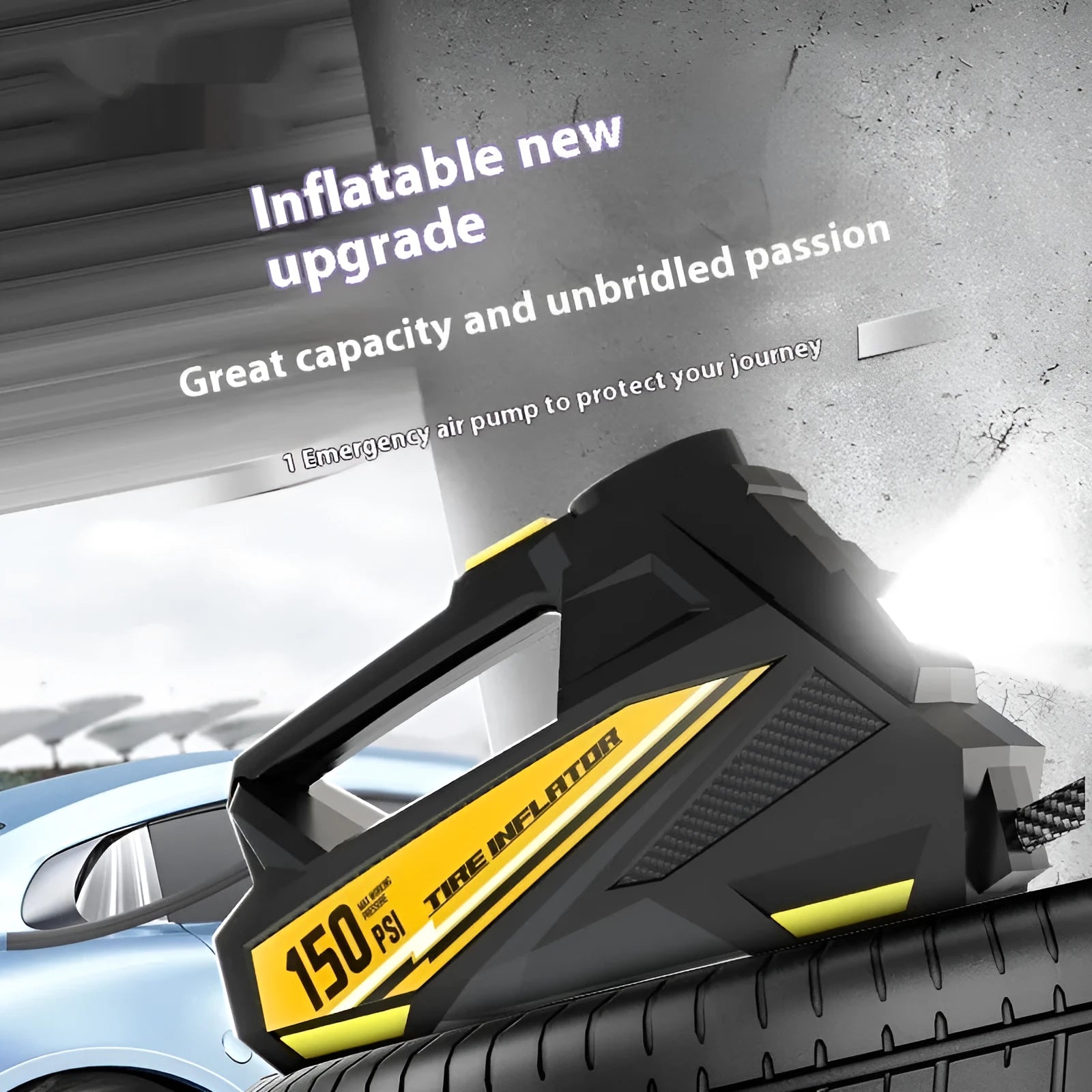 Black portable electric tyre inflator with digital display and 12V vehicle power plug