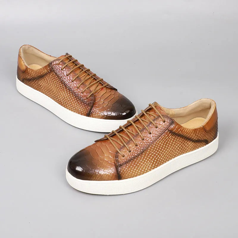 Lace-up embossed flat casual leather shoes for men in caramel colour, first layer cowhide, rubber sole, round toe, low heel