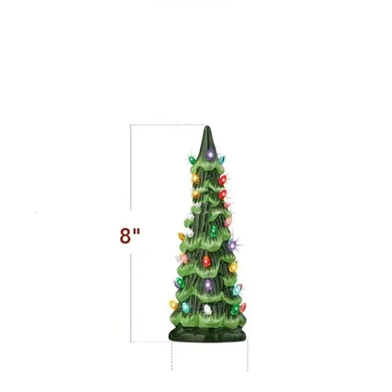 Resin and plastic Christmas tree decorative light ornament in European style, shown in coloured or warm light.