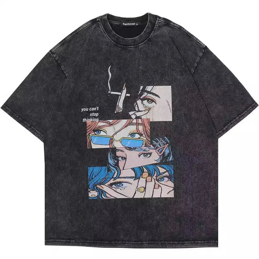 Men's washed black cotton t-shirt with retro cartoon print design and loose fit short sleeves
