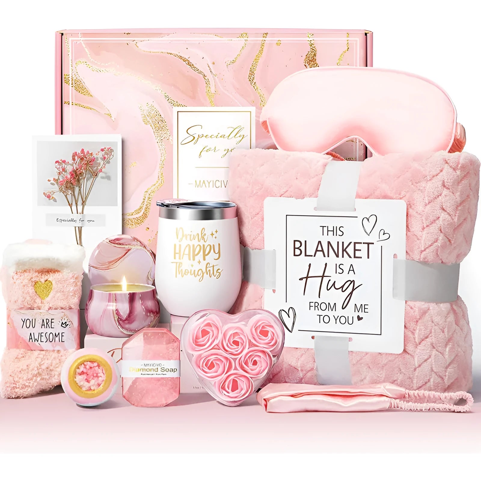White plastic aromatherapy bath gift set box with candles and soap, measuring 27x23x13cm.