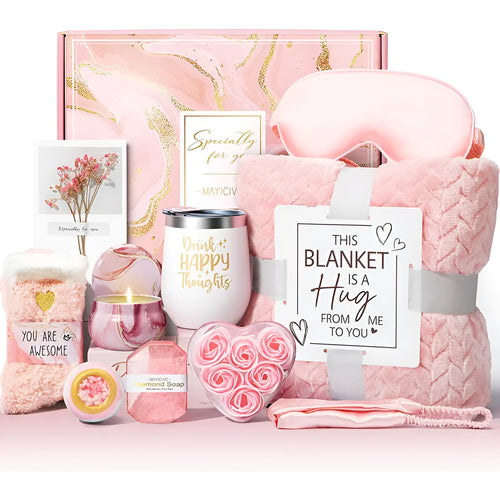 White plastic aromatherapy bath gift set box with candles and soap, measuring 27x23x13cm.