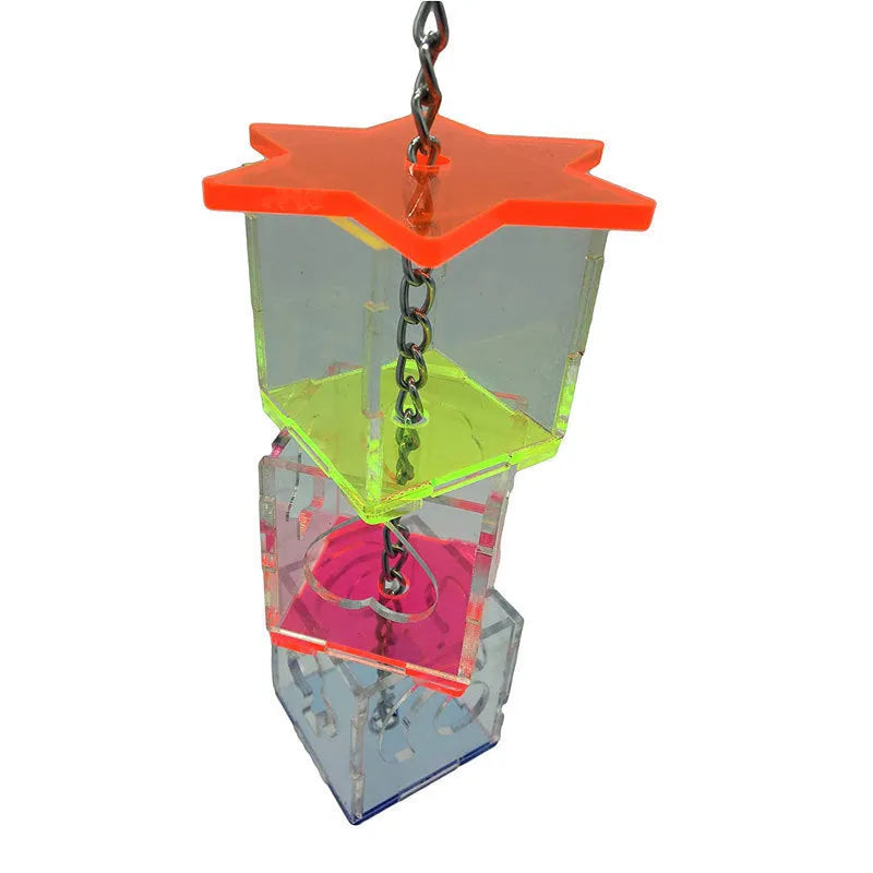 Clear acrylic bird foraging toy, 32cm long, for holding fruit and nuts.