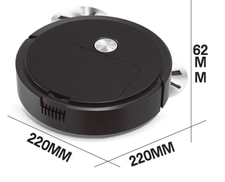 Intelligent sweeping robot, three-in-one, 22x22x6.2cm, black colour, on hardwood floor