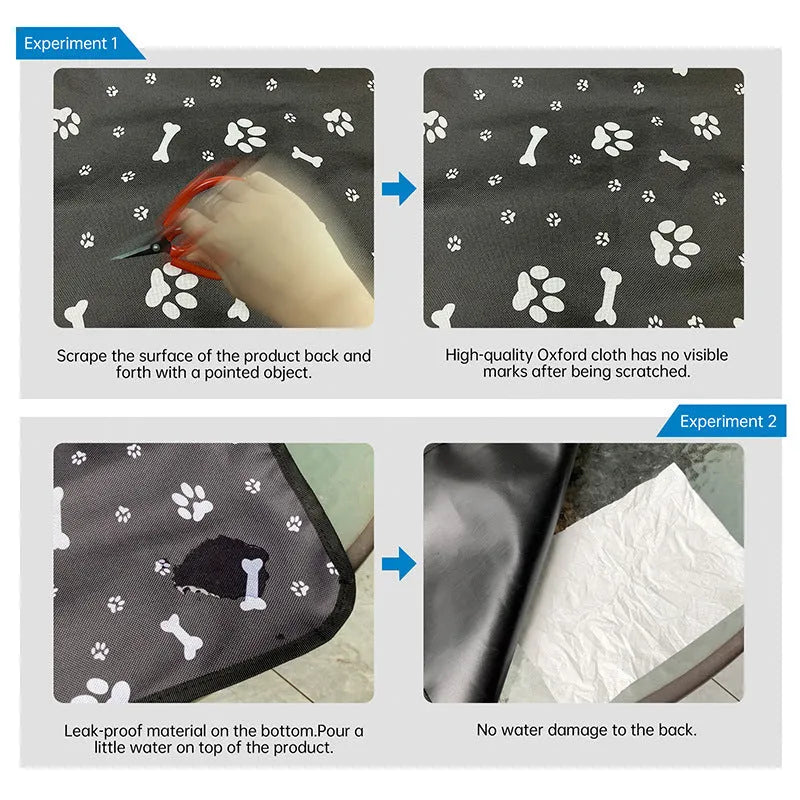 Grey dog bone print water resistant car pet mat measuring 140x110cm on a car rear seat.