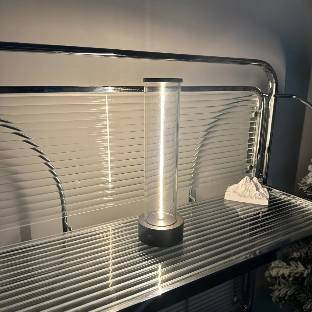 Modern glass LED light strip with magnetic base measuring 53mm wide by 234mm tall