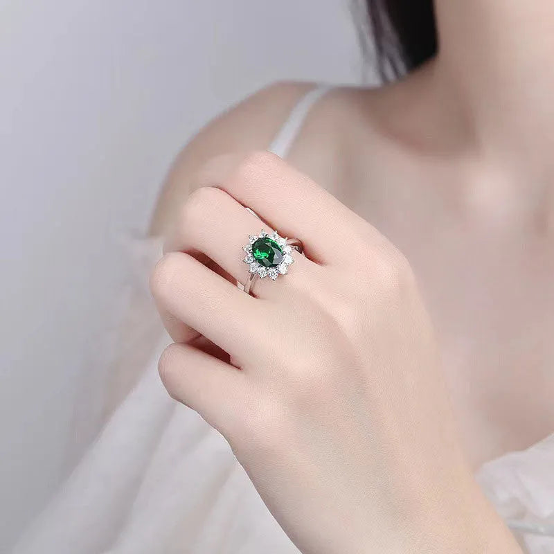 Copper women's ring with zirconium floral setting in green, blue or red colour options