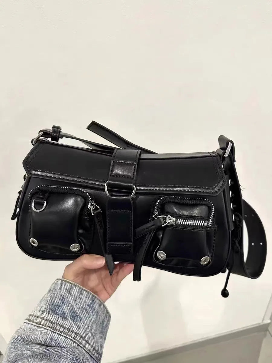 Black PU leather women's baguette messenger bag with adjustable crossbody strap