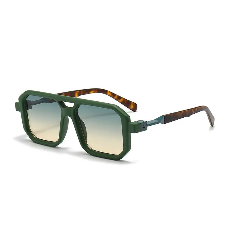 Retro double beam pilot sunglasses showing front design and metal spring hinge, in a black frame with gray lenses.