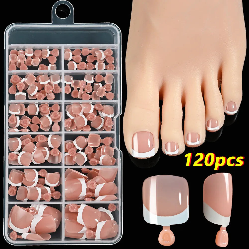 120 French white edge full square short nude nail pieces in a box, showing multiple shades.