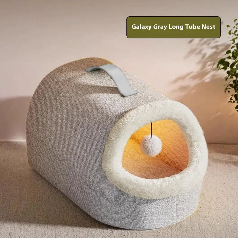 Winter warm closed cat nest in Matcha Green plush material, portable long tube design