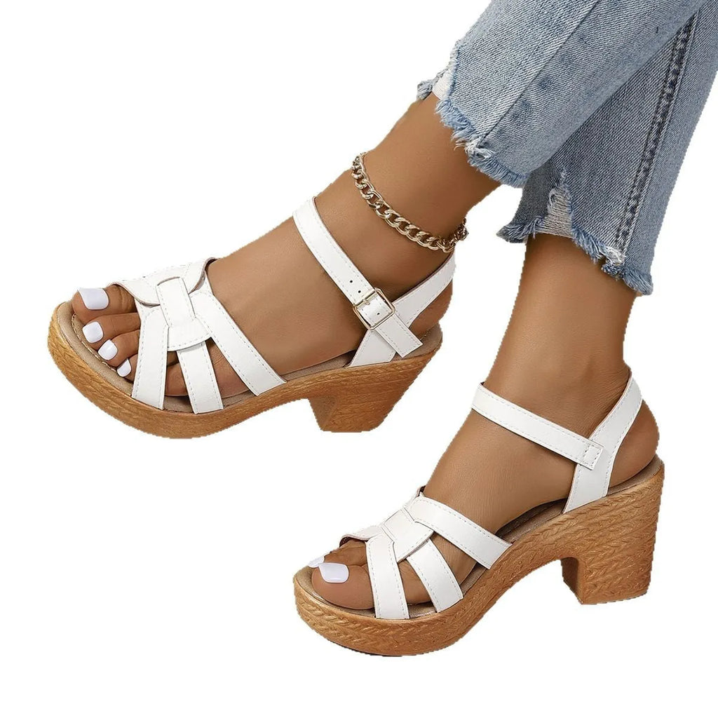 Plus size women's black peep toe sandals with a chunky heel and an ankle-strap buckle closure.