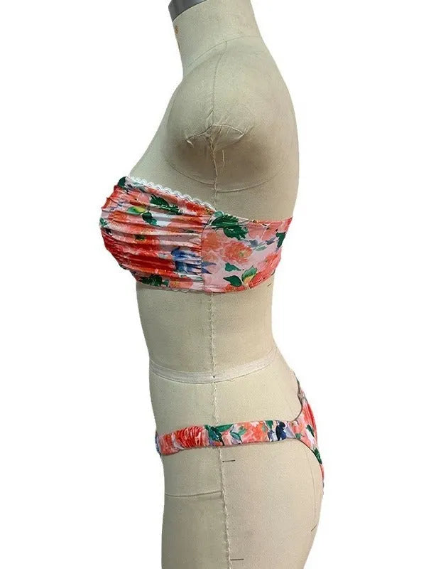 Women's floral printed tube top bikini set with lace trim in blue colour