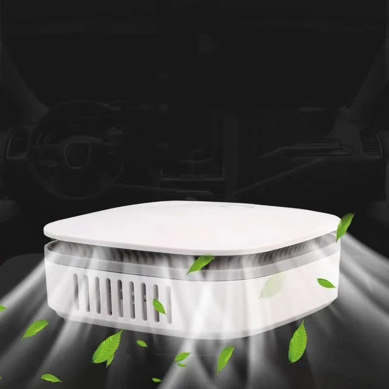 White portable USB air purifier for car and small room odor removal and disinfection.