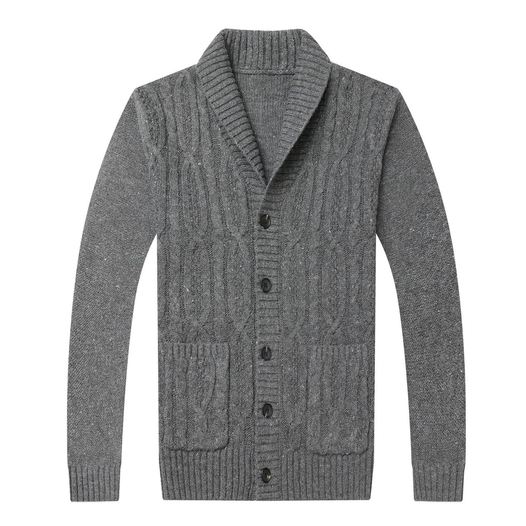 Men's Korean style jacquard pattern knitted cardigan jacket in a straight cut.