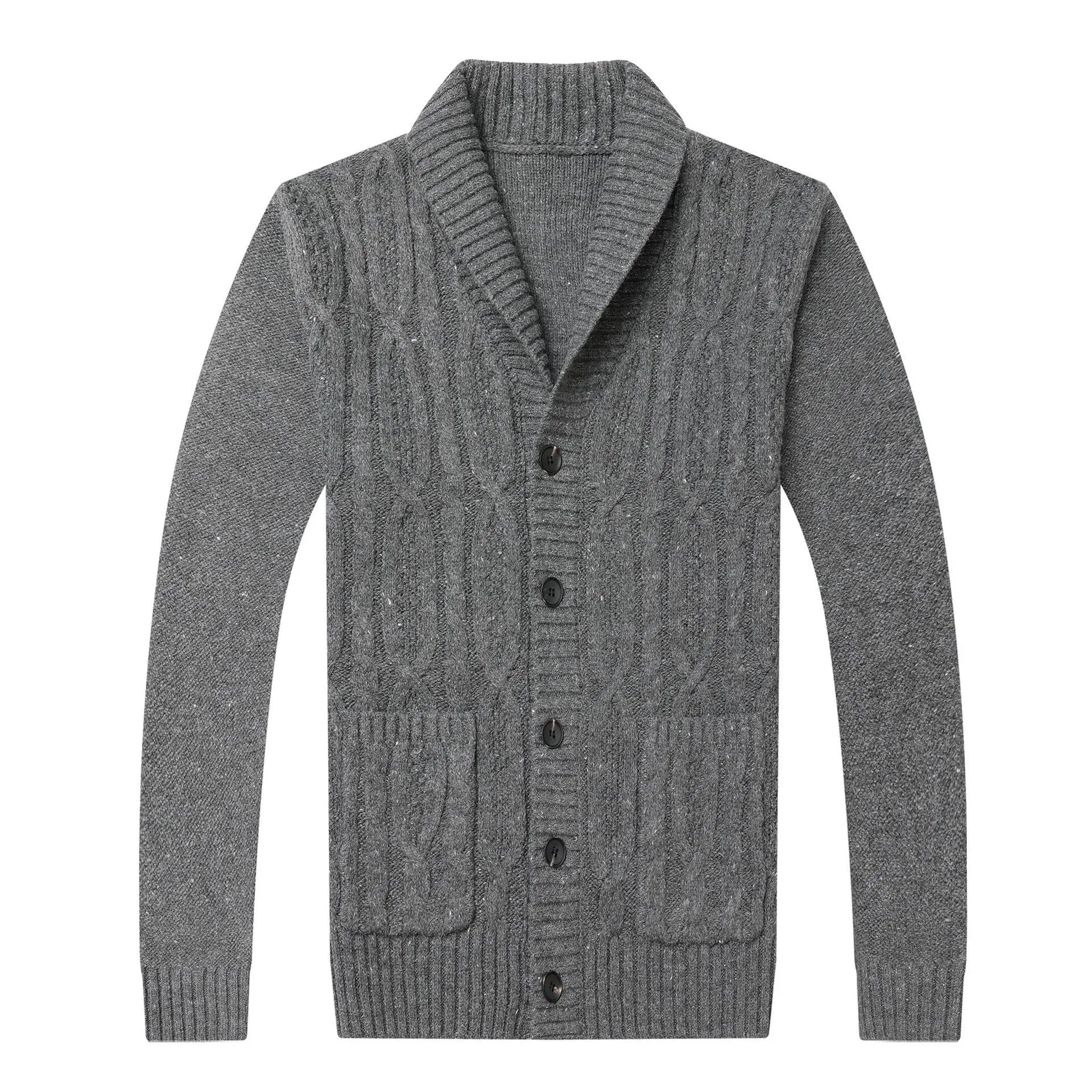 Men's Korean style jacquard pattern knitted cardigan jacket in a straight cut.