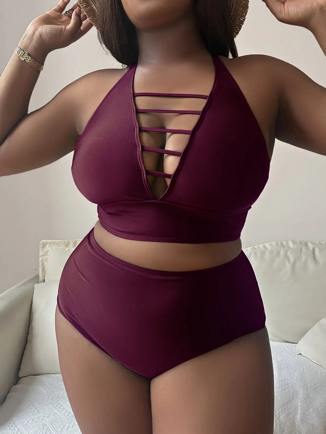Plus size black halter bikini with adjustable straps and high waist briefs