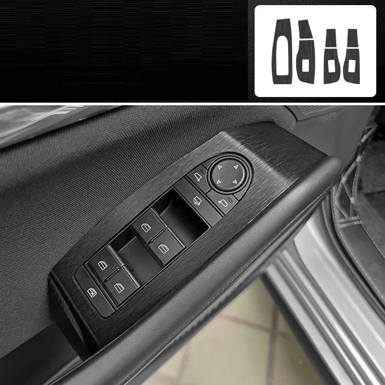 Car interior decorative film sticker kit showing carbon fibre pattern applied to centre console and dashboard