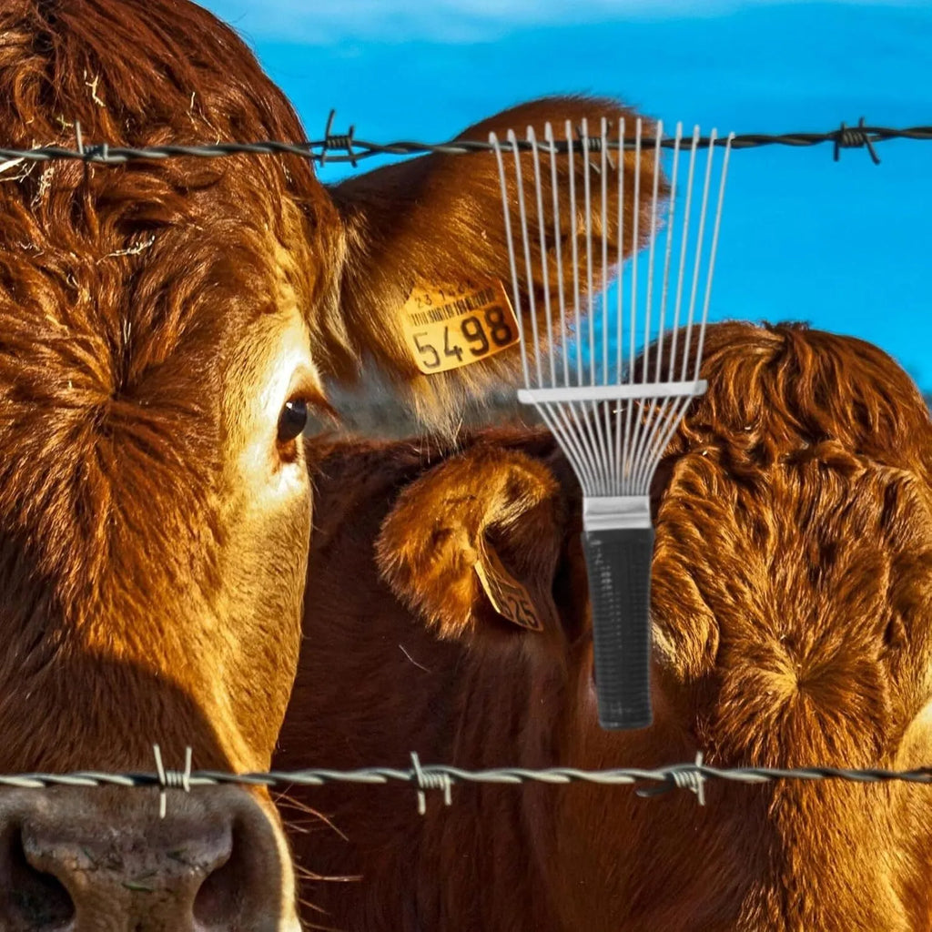 Stainless steel livestock grooming rake comb for horses and dogs on a dark background.