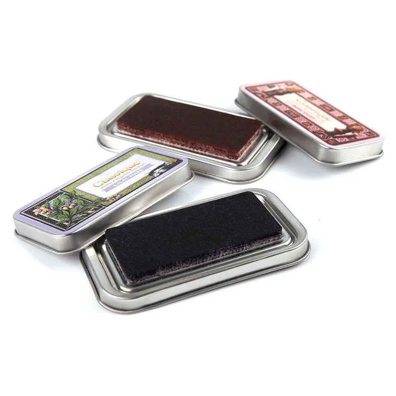 Rectangular stamp pad with oily ink in cocoa brown, fog blue, gray pink, green, and leaf green options