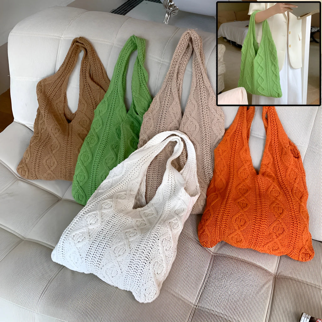 Women's crochet knitted shoulder tote bag in a solid colour with hollow retro design and double straps.