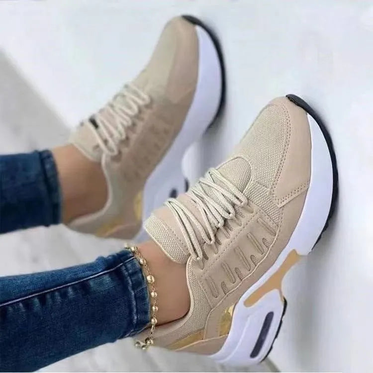 Breathable mesh lace up sneakers for women with low wedge heel, round toe, available in multiple colours