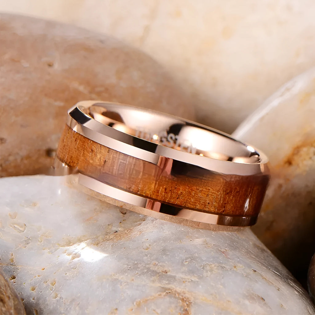 Ugyen tungsten ring with wood and leather inlay showing 8mm width and U-shaped profile