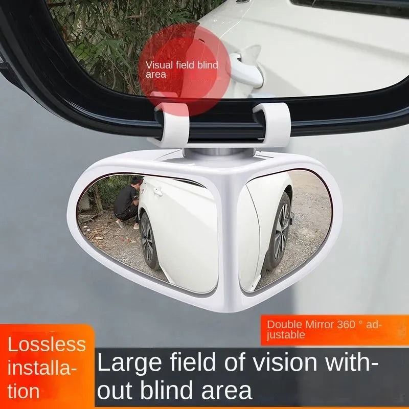 Adjustable wide-angle car reversing mirror in black, shown with adhesive backing.