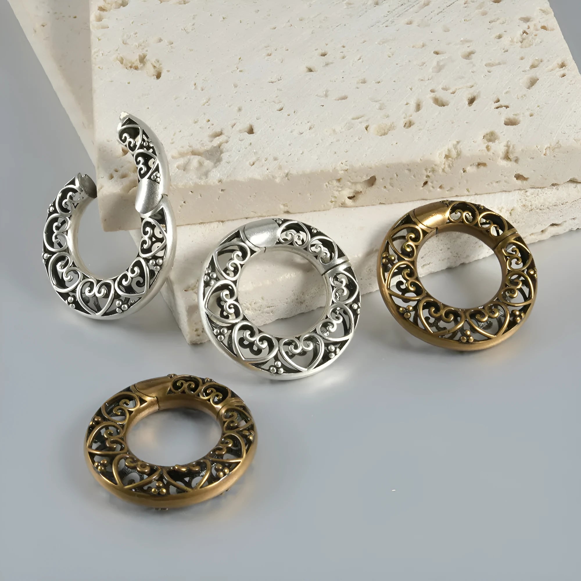 Retro hollow heart and lotus shaped magnetic earrings in antique gold and silver stainless steel
