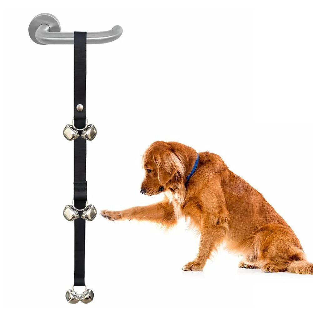 Silver metal dog training bells on an adjustable nylon leash hanging from a door handle
