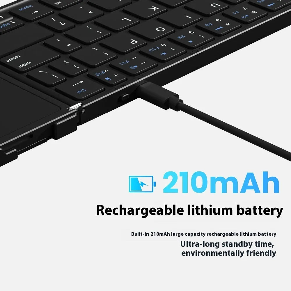 Black folding Bluetooth keyboard unfolded showing full keyboard layout with optional touchpad accessory