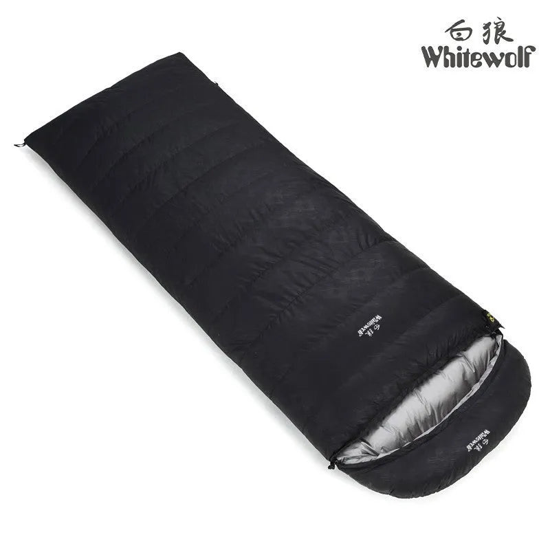 Black outdoor down sleeping bag with envelope construction for adult camping use