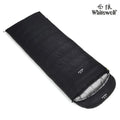 Black outdoor down sleeping bag with envelope construction for adult camping use