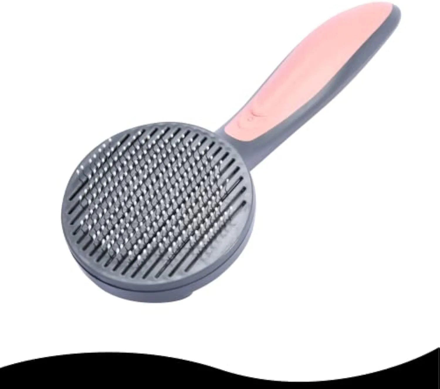 Self-cleaning slicker brush for pets in grey, green, or pink with comfort-grip handle and massage-tip bristles