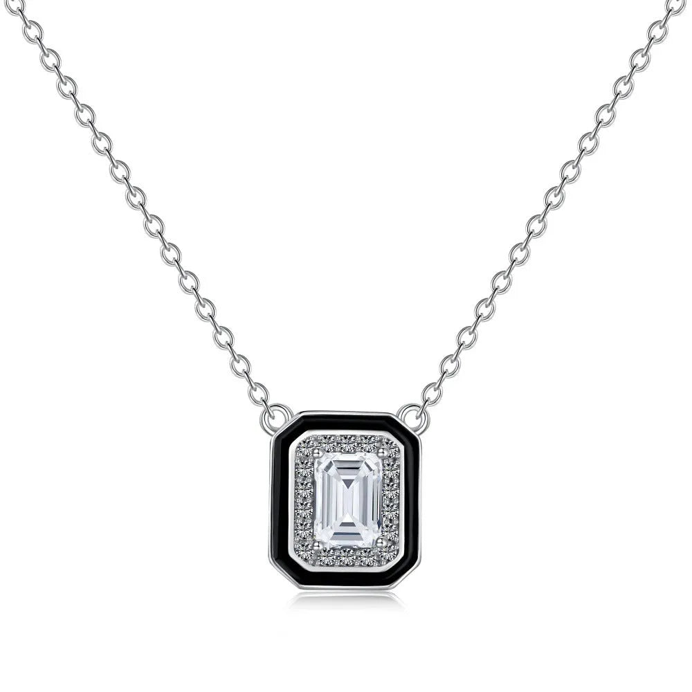 Women's 925 silver rectangular zircon fashion necklace with blue stone pendant on white background