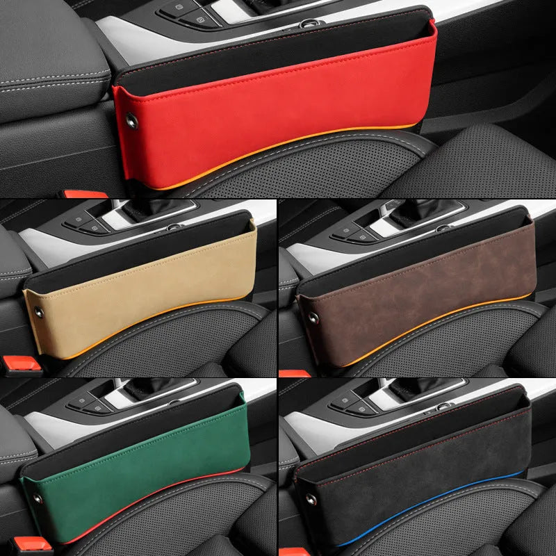 Black leather car seat storage box on a vehicle seat showing its rectangular shape and size.