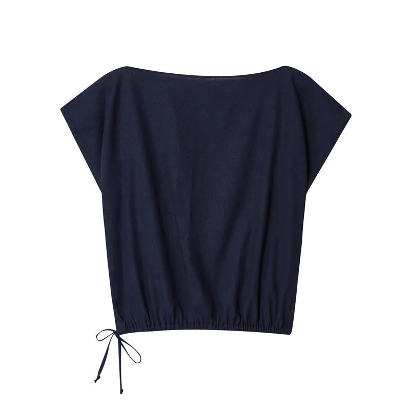 Women's linen-style shirt and wide leg trousers set with flounced sleeves