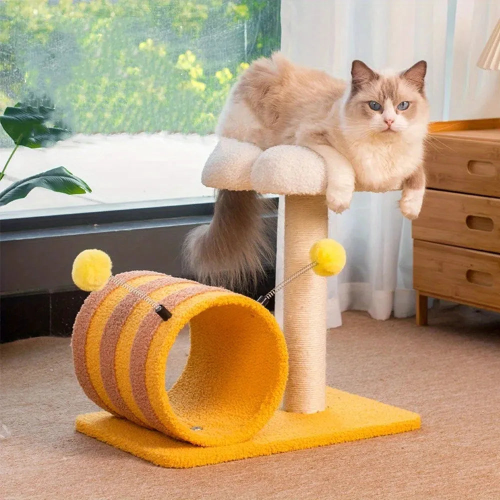 Yellow bee-themed cat climbing frame with sisal scratching board and tunnel, 46cm wide