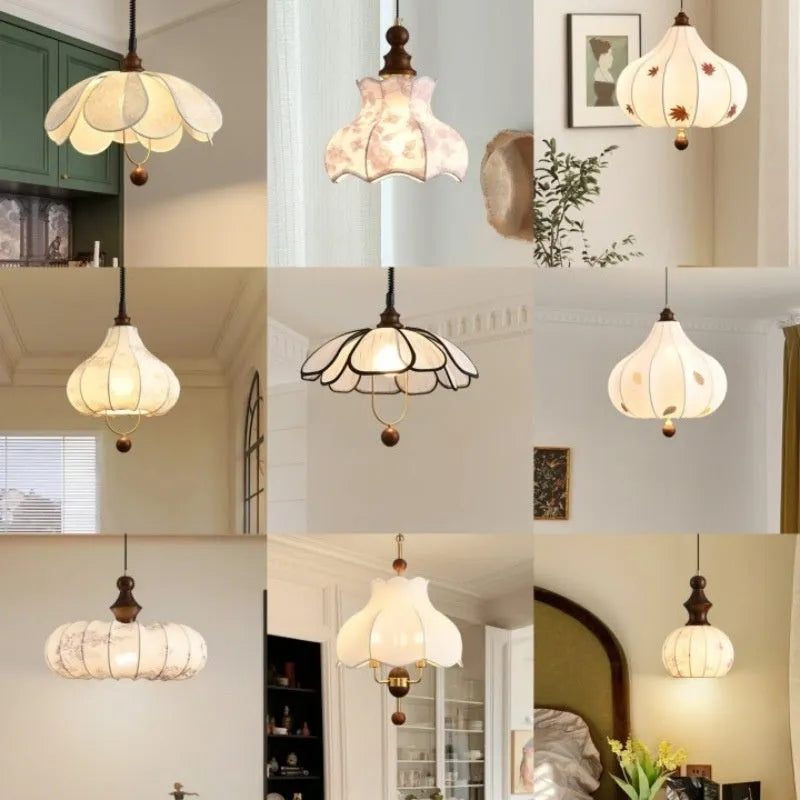 French style retro adjustable dining room chandelier with hardware wood frame and fabric shades