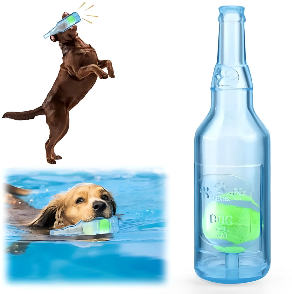 Blue natural rubber water bottle dog chew toy with squeaker at the tail on a white background