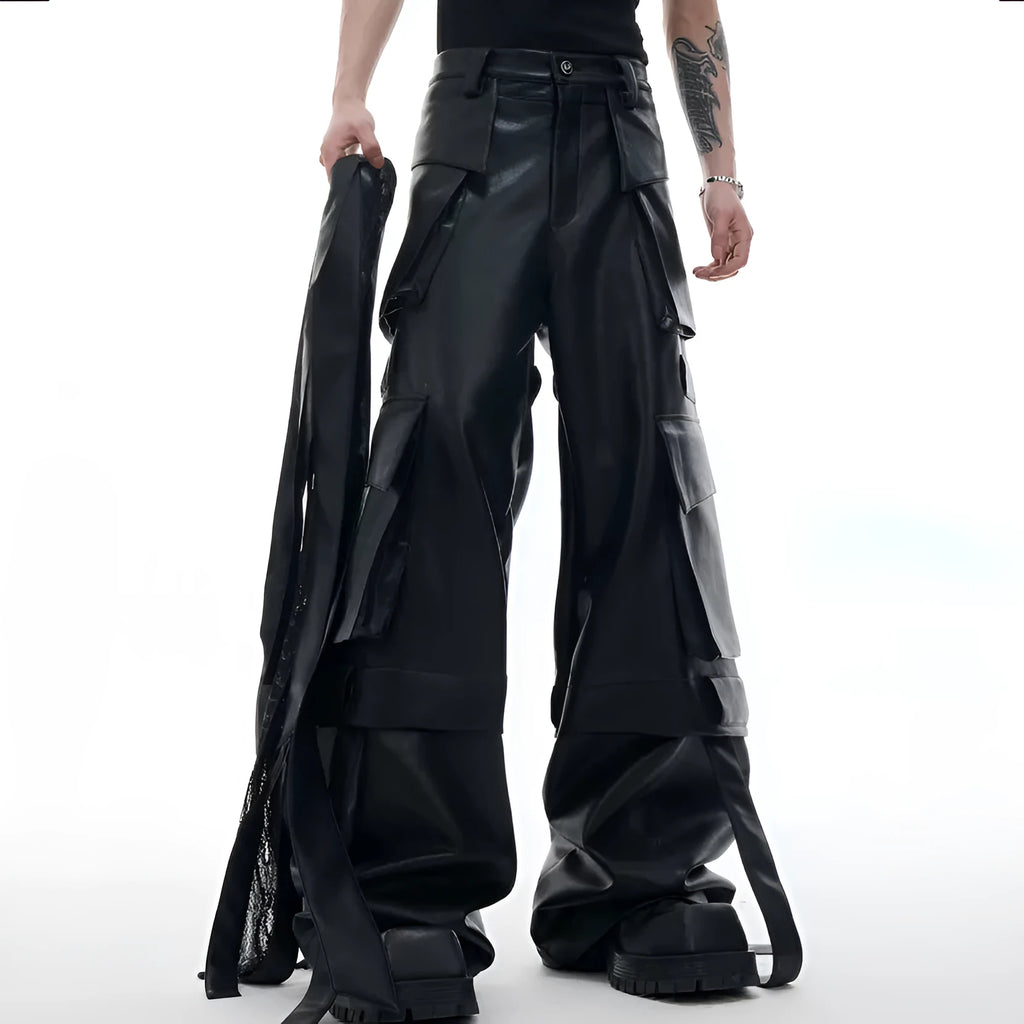 Black loose-fit retro pants with quilted stitching and multiple pockets on a model