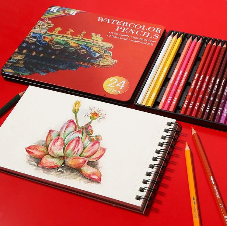 24 water-soluble coloured pencils in metal tin box measuring 21cm by 18cm