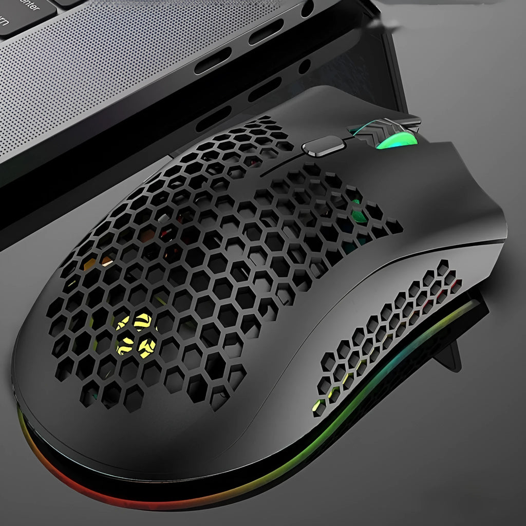 BM600 wireless optical computer mouse with hollow-out luminous shell in cyan, black, or white.