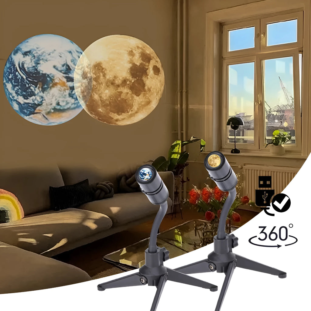 Adjustable star projector lamp showing Earth and Moon projection effects on a wall.
