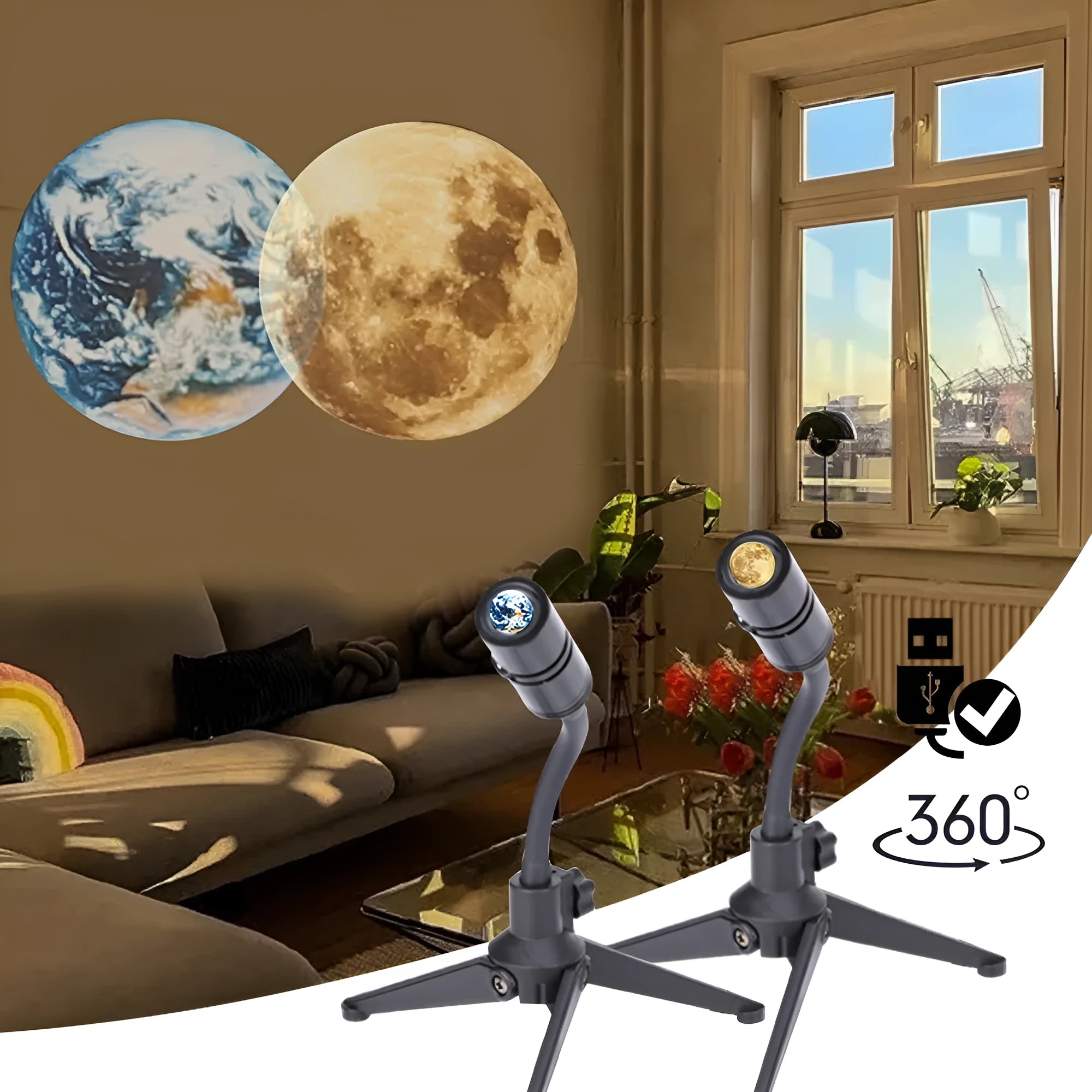 Adjustable star projector lamp showing Earth and Moon projection effects on a wall.