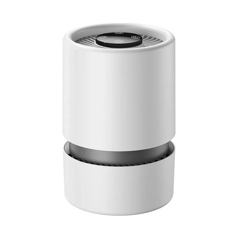 White desktop air purifier unit with USB cable for small room odour and smoke removal