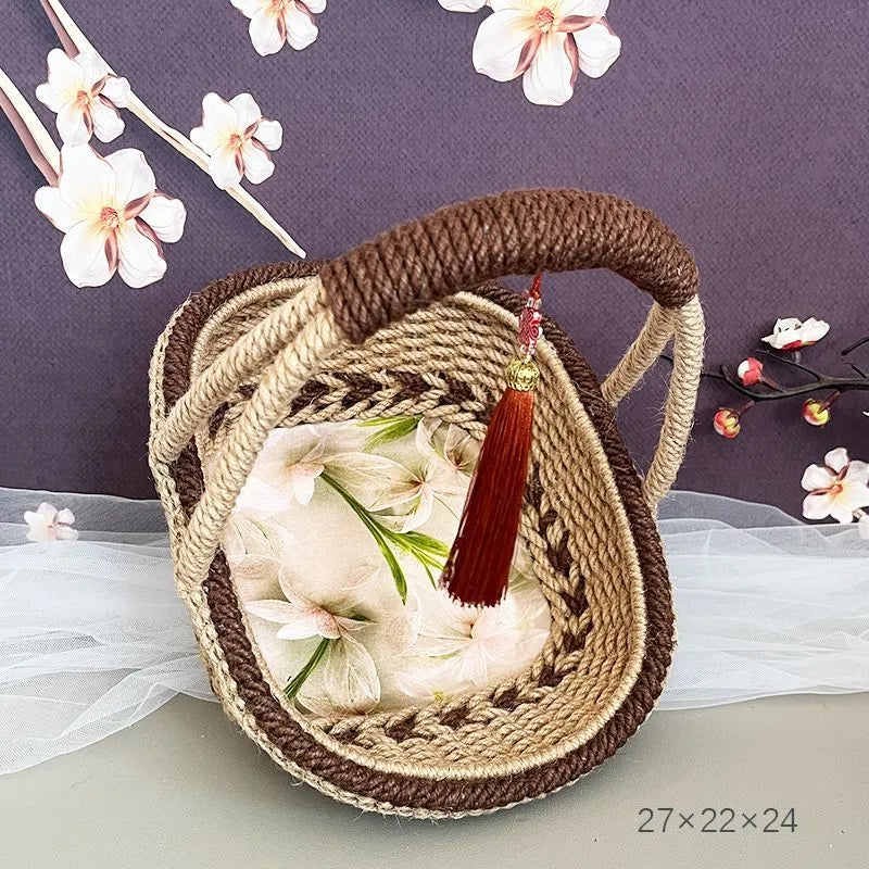 Hand-woven hemp rope basket in natural straw measuring 19cm by 12cm in coffee brown colour