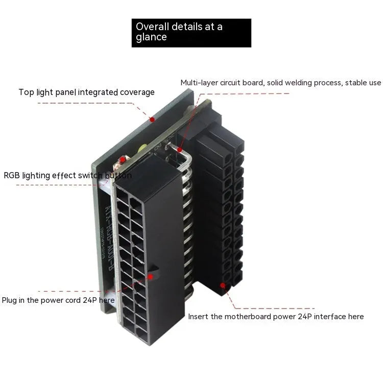 ATX 24Pin power supply cable with 90-degree steering elbow and RGB lighting effect for computer chassis