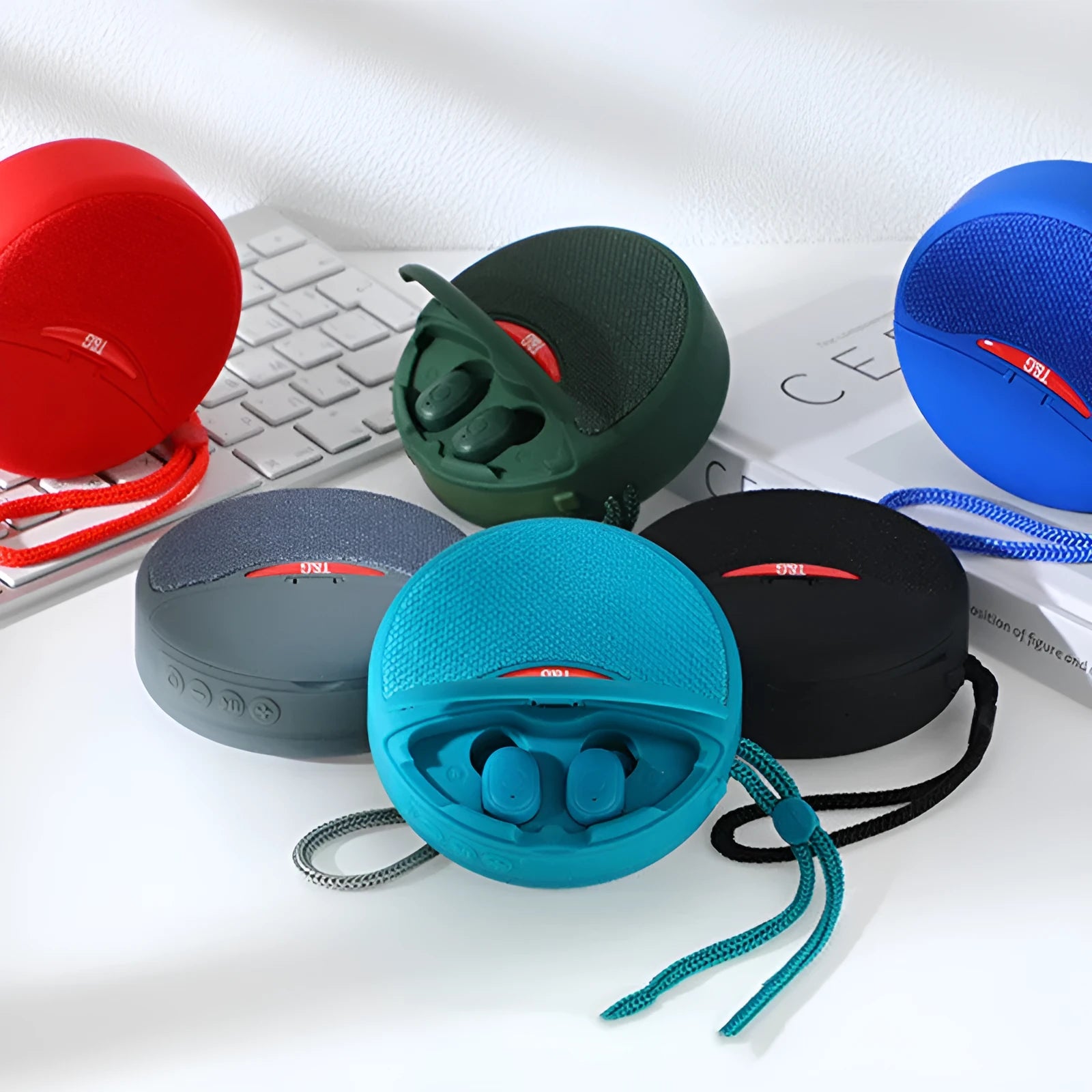Outdoor portable Bluetooth speaker in black, 98x98x38mm, with 3D stereo subwoofer and TF card support